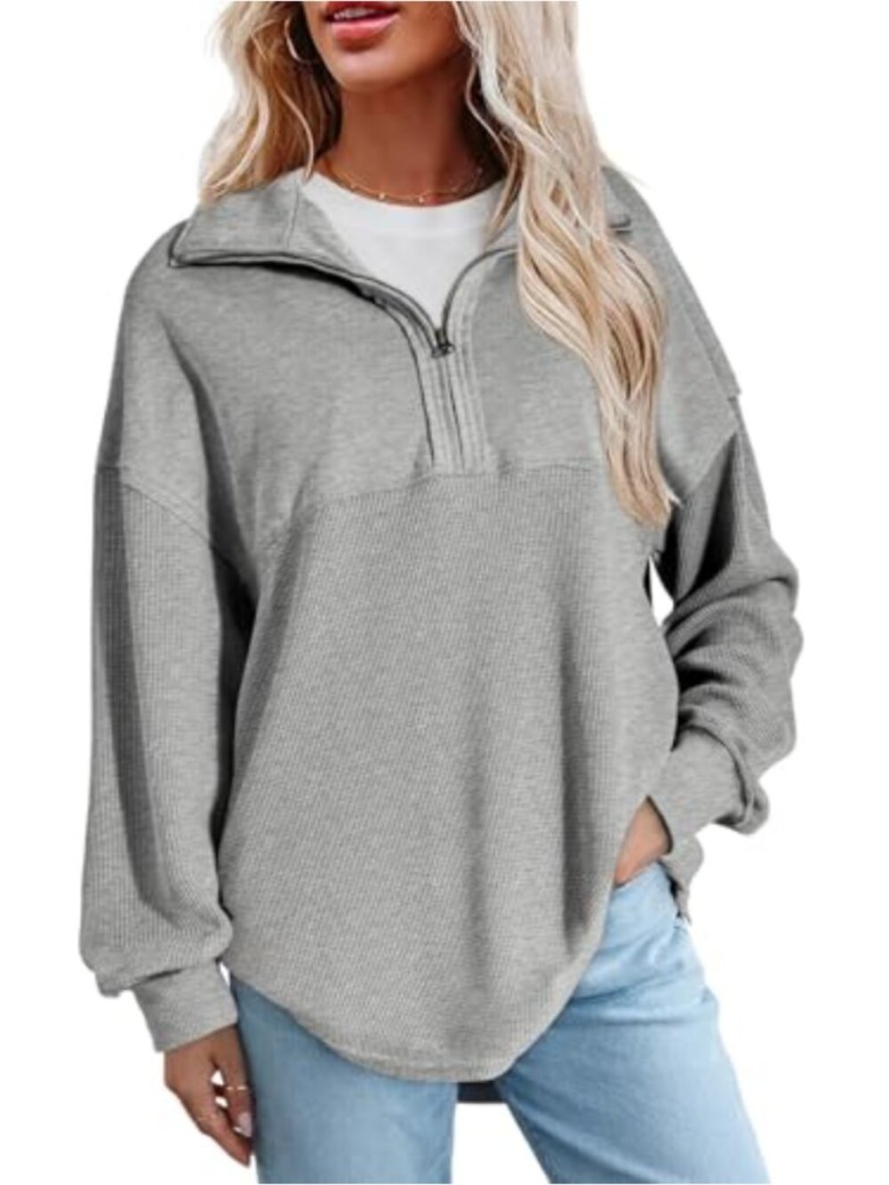 Half Zip Waffle Knit Oversized Sweatshirt Drop Shoulder Pullover Top